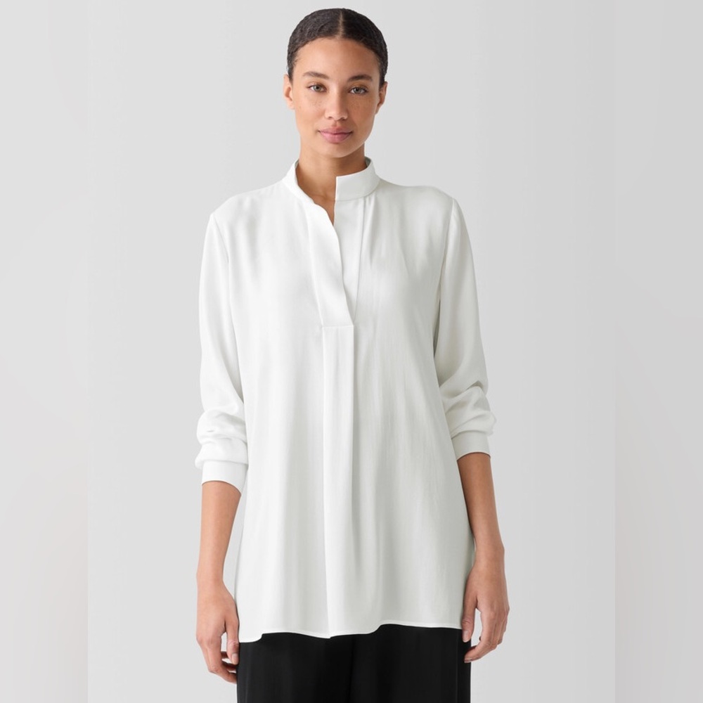 Eileen Fisher Silk Georgette Crepe Stand Collar Ivory Top